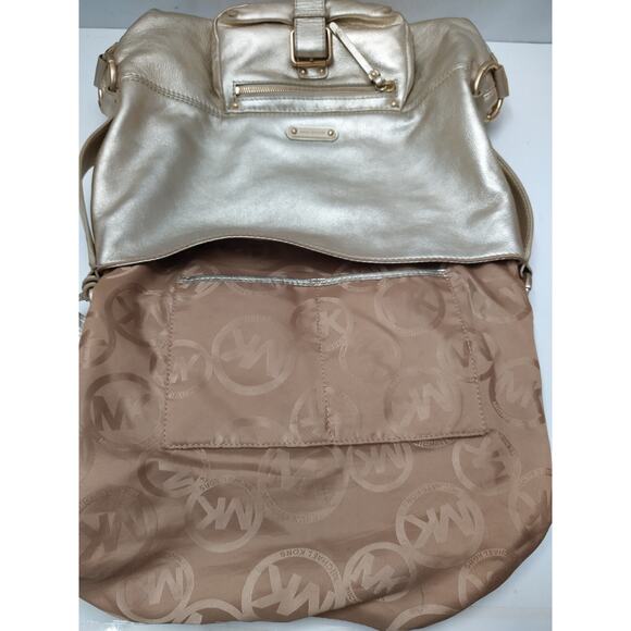 Michael Kors Fulton Metalic Gold Pebbled Leather Buckle Pocket Hobo Shoulder Bag - Picture 11 of 16